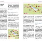 Text: "Reiserouten und Touren", "Route 1: Einmal um den See (170–180 km, 6–8 Tage)", "Route 2: Um den See mit Ab- und Umwegen (ca. 350 km, mindestens 11 Tage)". 

Beschreibung: Doppelseite-Reiseführer mit farbigen Karten und Routenbeschreibungen des Bodensees.