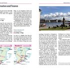 Reiserouten und Touren: Route 1 (ca. 420 km, 5–7 Tage), Route 2 (ca. 830 km, 7–10 Tage). 

Im Hintergrund: ein See, Gebäude, Wolken.