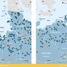 Zahlen markieren Orte, wie Flensburg und Rostock; zeigt Norddeutschland mit Stellplatz-Infos. Küstenlinie mit Nord- und Ostsee.