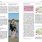 Touren auf Föhr: Verschiedene Wanderrouten mit Entfernungen und Beschreibungen. Karte zeigt Fahrradwege und Orte der Insel. Person watet im Watt mit einem Grabegabel.