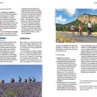 Seite 124: Fernwanderwege, GR4, GR98, Kurztipp zu Waldbränden. Seite 125: Radfahren, Foto von Radfahrern. Unten: Lavendelfeld.