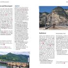 Texte: 

1. **Baden und Wassersport**  
   … Vergnügen. Genieße bei Salurn …  
   ```Vorsicht: Berghütten …```

2. **Radfahren und Mountainbike-Trails**  
   Südtirol … Sportarten. …

3. **Wellness in der Therme Meran**  
   … und Erfrischung.

Bilder: 

Links: Pier mit Booten.  
Rechts: Zwei Radfahrer auf Straße vor Bergkulisse.