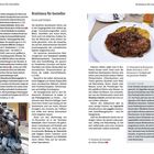 Texte: "Bratislava für Genießer", "Essen und Trinken", "Smoker’s Guide", "Brunnen im Innenhof des Palais Mirbach".   
Ein Gericht mit Fleisch und Kartoffelbeilage auf einem Teller.
