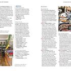 Der Text beschreibt Restaurants in Lissabon für Genießer. Namen, Adressen, Öffnungszeiten, und eine Übersicht zu vegetarischen, urigen und Meeresspezialitäten werden erwähnt. Foto unten links: Innenansicht mit Gästen und Blumen. Rechts: Teller mit Essen.