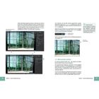 Textausschnitte zeigen Anweisungen zur Bildbearbeitung: Farbe ändern, zuschneiden, schärfen. Zwei Bilder einer Glasfassade.