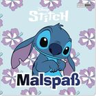 „Stitch Malspaß“, Illustration eines blauen, fröhlichen Charakters vor Blumenhintergrund.