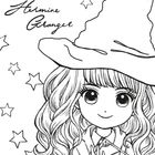 Text "Hermine Granger". Illustration eines Mädchens mit großem Hut und Zauberstab, umgeben von Sternen.