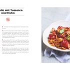 „Farfalle mit Tomaten und Huhn“ als Titel, Rezept für 2 Personen, Zutatenliste und Zubereitungsschritte, Bild von Pasta.