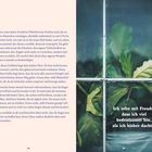 Links steht ein längerer, reflektierender Text. Rechts ist ein Fenster mit Pflanzenblättern und der Text: "Ich sehe mit Freude, dass ich viel bedeut... "