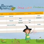 Tabelle mit Spalten: Stadt, Hexenland, Zaubertrank-Zutat, Pflanze, Magisches Wesen, Punkte. Illustration einer Hexe.