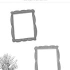 "Male Bilder in die Rahmen." Zwei leere Rahmen. Unten links ein Baum mit einem Wohnwagen. Oben rechts Frucht mit Gesicht.