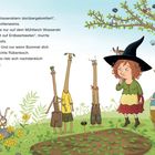 Texte beschreiben Wasserski auf Erdbeerbeeten. Illustration zeigt eine Frau mit Hexenhut, fröhlichen Stangen und Tieren.