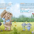 Ein Elefant fragt zwei kleine Elefanten nach ihren zusammengepressten Lippen. Sie antworten: „Weil wir wütend sind!“ Links ein Griller.