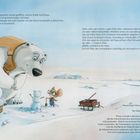 Texte: Die Tür der Forschungsstation wurde geöffnet, und ein Eisbär trat hinaus...

Ein großer Eisbär beugt sich zu einer Maus hinunter. Die Maus steht neben einem kleinen Schneemann. Eine Holzkiste voller Schneebälle und ein Schlitten stehen im Schnee, umgeben von Eislandschaft.