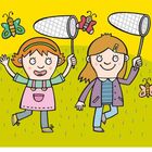 13 fangen. Illustration einer Person, die mit einem Hund spielt. Grüner Hintergrund mit weißen Punkten.