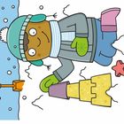 Ein Kind mit Mütze und Schal baut im Schnee eine Sandburg. Eine rote Schaufel und ein Sternförmchen sind nah. Illustration.