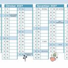 Kalender für das 1. Halbjahr 2027/2028. Feiertage wie Friedensfest und Weihnachten markiert. Illustrationen von Tieren.