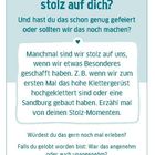 „Wann warst du schon mal richtig stolz auf dich?“ Eingebettet in einem blauen Rahmen mit weiteren Fragen.