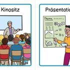 Links: "Kinositz", eine Person spricht vor einer Gruppe. Rechts: "Präsentation", eine Person zeigt auf ein Plakat mit Thema.