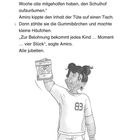 Text über Gummibärchen und Belohnung durch Amira. Ein Kind hält eine Tüte Gummibärchen, trägt Shirt mit der Nummer 83.