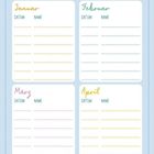Geburtstagskalender: Januar, Februar, März, April. Spalten für Datum und Name, Linien zum Ausfüllen.