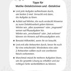 Tipps für Mathe-Detektivinnen und -Detektive; Hinweise und Strategien für das Lösen von Aufgaben. Oben links ist eine Illustration eines Hundes.