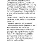 Ein Textauszug über Phil, Nino und Lina. Phil wirkt unheimlich, zeigt Sorge um Sicherheit. Es geht um Heimweg und Schutz. Seite 9.