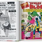 "BEWARE OF THE BLOB!" Siebdruck von Superhelden in Aktion mit grünem Schleim und bunten Kostümen, Textkästen und Sprechblasen.