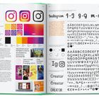 Instagram, Schriftarten und Logos von 2010, Markenentwicklung mit Schriftproben, bunten Logos und Farbpalette.