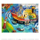 "Frisia II" auf einem bunten Schiff; Illustration mit lebhaften Farben, zeigt Boote, Leuchtturm und Wasserweg. Juni im Kalendarium.