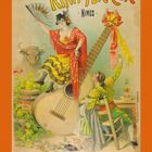 "APÉRITIF KINA PERRIER NÎMES" steht in großer, verzierter Schrift. Eine Frau sitzt auf einer Gitarre, ein Mann hebt ein Glas.