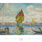 Kalenderseite Juni, impressionistisches Gemälde: Segelboote auf einem See mit bunten Punkten, lebendige Farben.