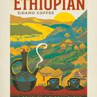 ETHIOPIAN SIDAMO COFFEE, A COMPLEX & FLORAL BLEND; Illustration mit Kaffeekanne, Tassen, Hütten, Landschaft.