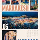 MARRAKESH, MOROCCO, 06, Kalender mit Bildern von Szenen aus Marrakesch, darunter ein Markt, Gassen und kulturelle Motive.