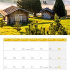 Kalender für Juni 2027. Foto von Berglandschaft mit Hütten und Bäumen. Querformat, Berge im Hintergrund, ausgeleuchteter Vordergrund.
