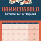 „Hammersbald - Nordischer Gott der Ungeduld“ steht über einem Kalender für Juni 2027. Illustration: Wikingergott schaut auf Uhr.