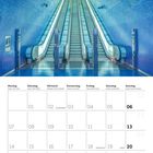 Kalender für Juni 2027. Blaue Rolltreppe in modernem Design; Decke mit Mosaikmuster. Daten und Wochentage oben.