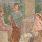 Zahlenreihe unten: 1 bis 30, hervorgehobene Zahl 6. Antikes Fresko, drei Personen in römischer Kleidung, teils sitzend.