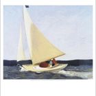 Juni. June. Segelboot auf dem Wasser, zwei Personen an Bord. Unten Kalenderübersicht für Juni.