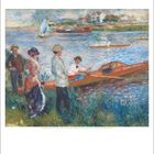Kalenderblatt für Juni. Impressionistisches Gemälde mit Menschen am Fluss und Booten, Gebäude im Hintergrund.