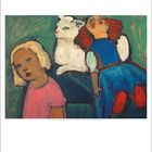 Juni / June. Ein Gemälde zeigt ein Kind, eine weiße Katze, eine Puppe mit blauen Kleidern und roten Schuhen auf grünem Hintergrund.