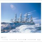 Kalenderblatt für Juni 2027. Großes Segelschiff mit weißen Segeln auf stürmischer See unter klarem Himmel.