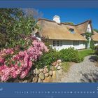 "Juni 2027" steht oben. Ein Cottage mit Strohdach, umgeben von blühenden pinken Rhododendren und viel Grün.
