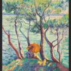 Juni. Ein Gemälde: Eine Frau mit gelbem Schirm sitzt unter Bäumen nahe Wasser, helle und farbenfrohe Natur.