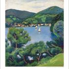 Eine Landschaft mit See, Segelbooten, grünen Hügeln und Bäumen. Der Kalender zeigt die Nummer 6.