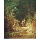 6. Zwei Personen spazieren auf einem Waldweg. Eine Frau im roten Rock, ein Mann mit Hut. Grüne, dichte Vegetation.