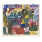 Text: "1914 108 Südliche Gärten". Bunte, abstrakte Malerei mit Flecken in Blau, Grün, Gelb und Rot.