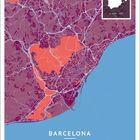 Text: "Barcelona, Spain, Juni." Illustration: Eine farbige, detailreiche Karte von Barcelona mit einem kleinen Spanien-Ausschnitt.