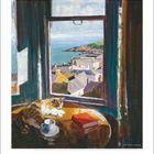 Kalenderblatt mit Zahl 6. Illustration: Katze schläft auf Tisch vor Fenster mit Küstenaussicht. Buch und Tasse sind daneben.