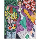 Kalender: 6. Eine farbenfrohe Illustration einer Frau in lila, umgeben von Mustern und einem Tisch mit Obst.